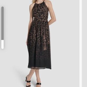 DKNY Black and Brown Animal Print Midi Dress